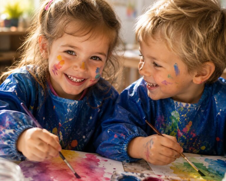 Twee kinderen met verf op hun gezicht schilderen samen aan tafel