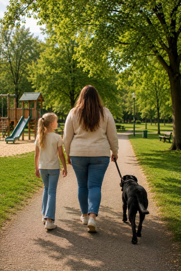 Gastouder wandelt met een kind en een hond langs een speeltuin