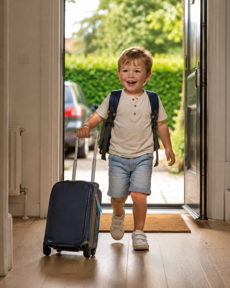 Peuter komt met koffer en rugzak thuis na de vakantie