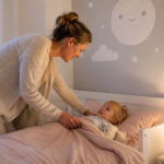 Volwassene legt een peuter in bed met een sterrenprojectie aan de muur