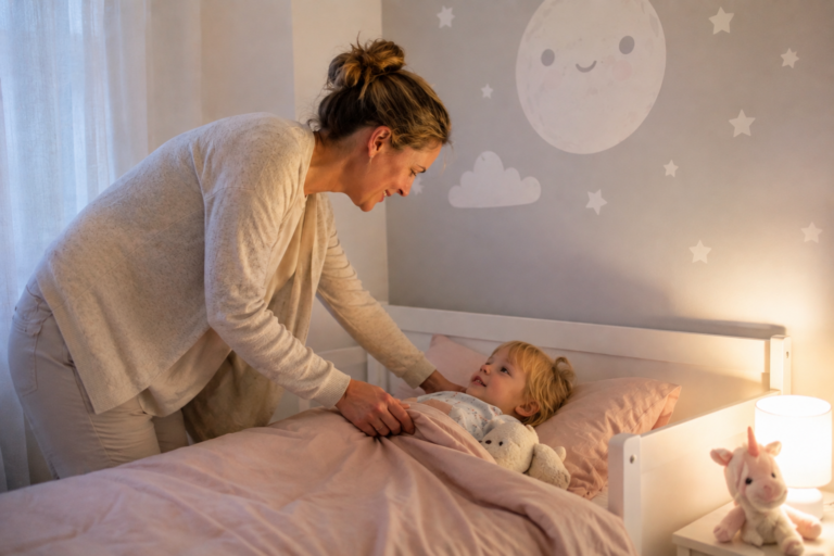 Volwassene legt een peuter in bed met een sterrenprojectie aan de muur