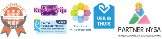 Keurmerken: Klachtenvrij, KinderWijs, Trotse Toekomstmaker 2026, Gezonde Kinderopvang, Veilig Thuis, Partner Nysa