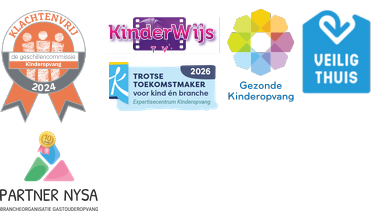 Keurmerken: Klachtenvrij, KinderWijs, Trotse Toekomstmaker 2026, Gezonde Kinderopvang, Veilig Thuis, Partner Nysa